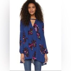 Free People Tree Swing Blue Floral Printed Rayon Oversized Tunic Mini Dress XS